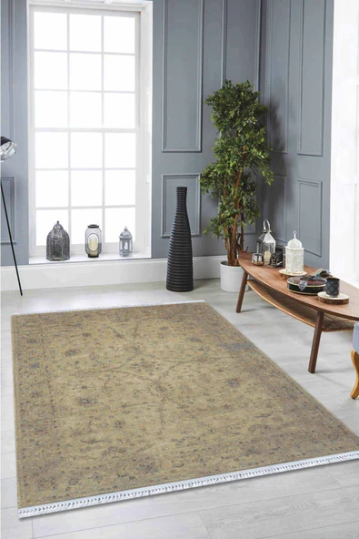 Bej Modern Dokuma Pamuk Tabanlı Kaymaz Kilim KLM043 ürün görseli 1