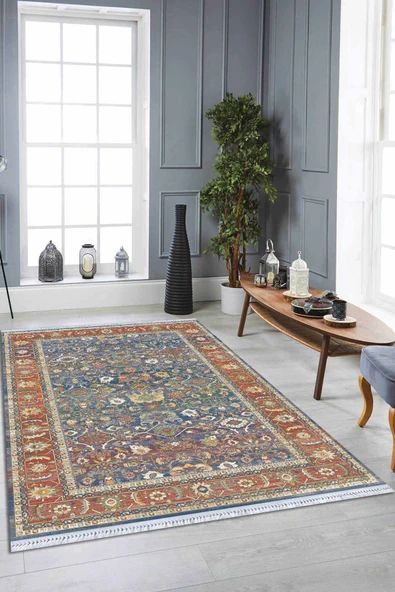 Çok Renkli Çerçeveli Dokuma Pamuk Taban Kaymaz Kilim KLM215 ürün görseli 1
