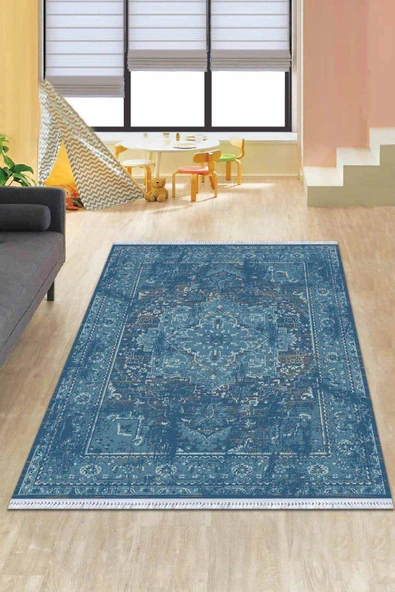 Mavi Vintage Dokuma Pamuk Tabanlı Kaymaz Kilim KLM235 ürün görseli 1
