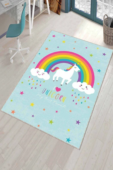 Mavi Kaymaz Tabanlı Yıkanabilir Unicorn Çocuk Halısı AR752 ürün görseli 1