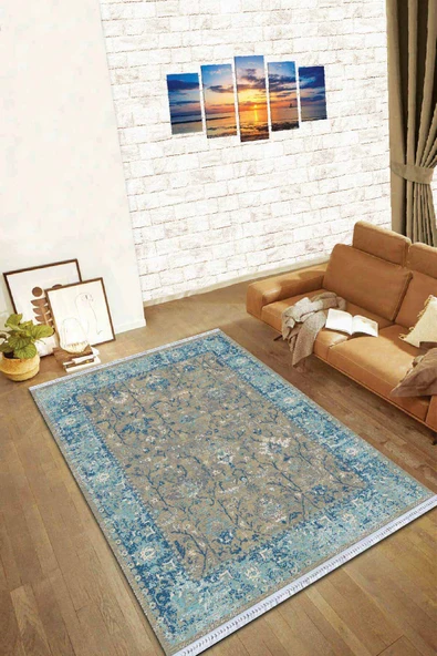 Mavi Çerçeveli Dokuma Pamuk Taban Kaymaz Kilim KLM020 ürün görseli 1