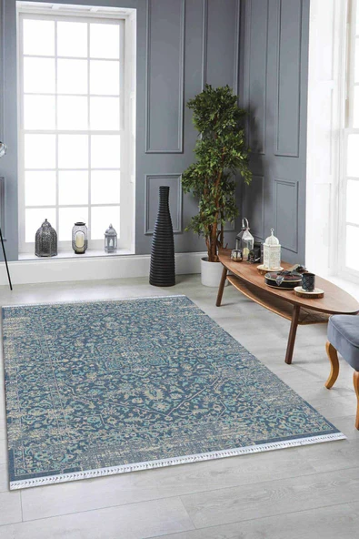 Mavi Vintage Dokuma Pamuk Tabanlı Kaymaz Kilim KLM160 ürün görseli 1