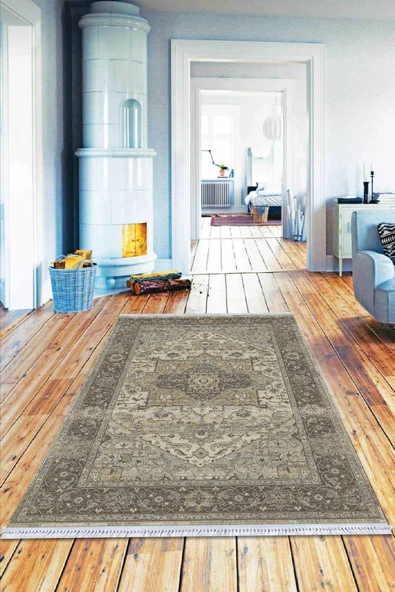Gri Klasik Göbekli Dokuma Pamuk Taban Kaymaz Kilim KLM145 ürün görseli 1