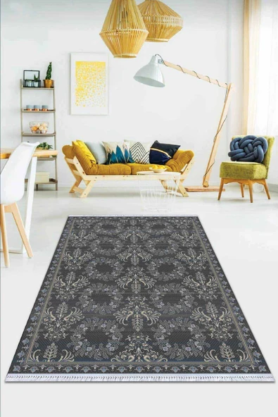 Antrasit Vintage Dokuma Pamuk Taban Kaymaz Kilim KLM338 ürün görseli 1
