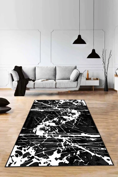 Siyah Vintage Kaymaz Tabanlı Makinede Yıkanabilir Halı AR524 ürün görseli 1