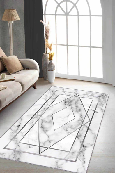 Silver Çerçeveli Kaymaz Tabanlı Dekoratif Halı RV003 ürün görseli 1