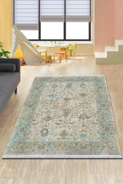 Mavi Çerçeveli Dokuma Pamuk Taban Kaymaz Kilim KLM018 ürün görseli 1