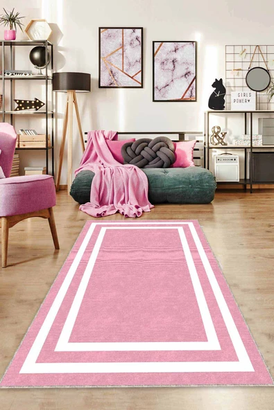 Pembe Çerçeveli Kaymaz Taban Makinede Yıkanabilir Halı AR517 ürün görseli 1
