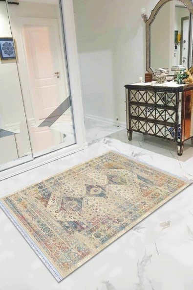 Krem Vintage Dokuma Pamuk Tabanlı Kaymaz Kilim KLM166 ürün görseli 1