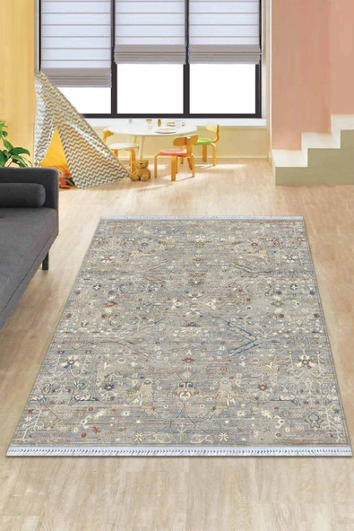 Gri Vintage Dokuma Pamuk Tabanlı Kaymaz Kilim KLM356 ürün görseli 1