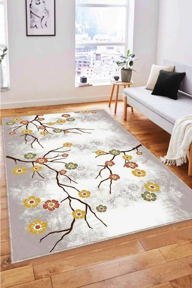 Sarı Çiçekli Kaymaz Tabanlı Makinede Yıkanabilir Halı FW004 ürün görseli 1