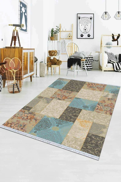 Mavi Patchwork Dokuma Pamuk Taban Kaymaz Kilim KLM067 ürün görseli 1