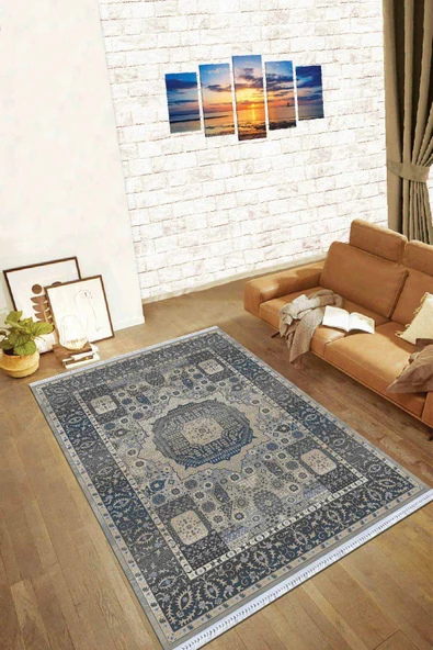 Gri Çerçeveli Dokuma Pamuk Tabanlı Kaymaz Kilim KLM202 ürün görseli 1