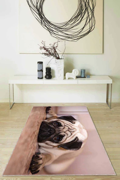 Bej Köpek Pug Desenli Kaymaz Tabanlı Dekoratif Halı RV327 ürün görseli 1