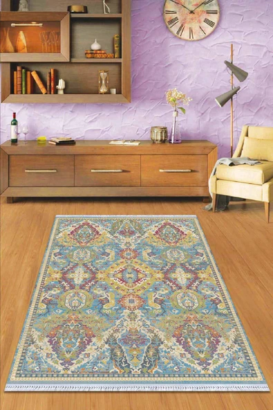 Mavi Vintage Dokuma Pamuk Tabanlı Kaymaz Kilim KLM210 ürün görseli 1