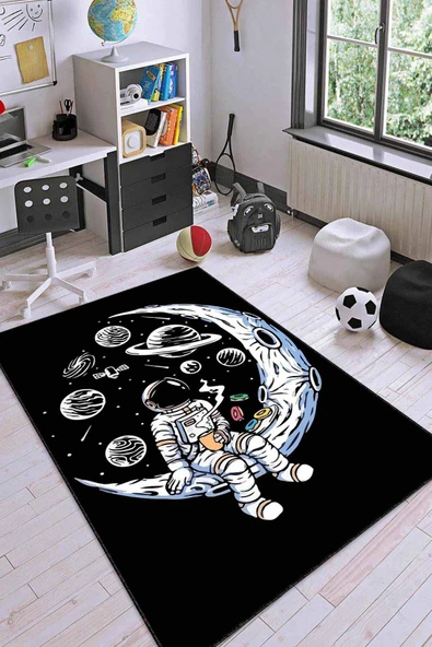 Siyah Kaymaz Taban Uzay Tema Astronotlu Çocuk Halısı AR1162 ürün görseli 1
