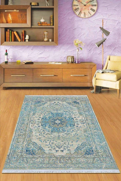 Mavi Klasik Göbekli Dokuma Pamuk Taban Kaymaz Kilim KLM029 ürün görseli 1