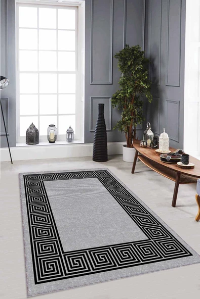 Gri Çerçeveli Kaymaz Tabanlı Makinede Yıkanabilir Halı RV045 ürün görseli 1