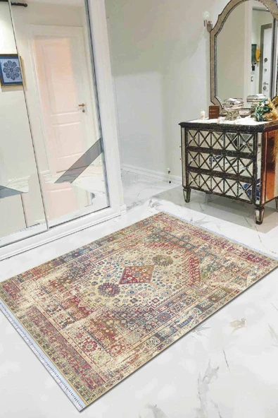Çok Renkli Vintage Dokuma Pamuk Taban Kaymaz Kilim KLM106 ürün görseli 1