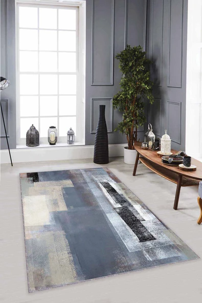 Gri Kaymaz Taban Makinede Yıkanabilir Salon Modern Halı MX06 ürün görseli 1