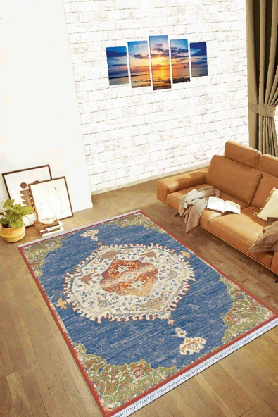 Eflatun Göbekli Dokuma Pamuk Taban Kaymaz Kilim KLM082 ürün görseli 1
