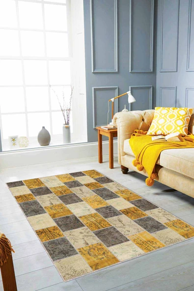 Sarı Patchwork Kaymaz Taban Makinede Yıkanabilir Halı RV227 ürün görseli 1