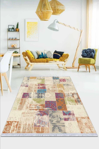Çok Renkli Patchwork Dokuma Pamuk Taban Kaymaz Kilim KLM289 ürün görseli 1