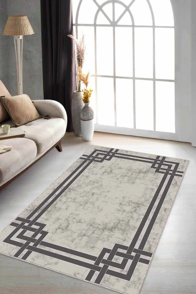 Bej Çerçeveli Kaymaz Tabanlı Makinede Yıkanabilir Halı RV071 ürün görseli 1
