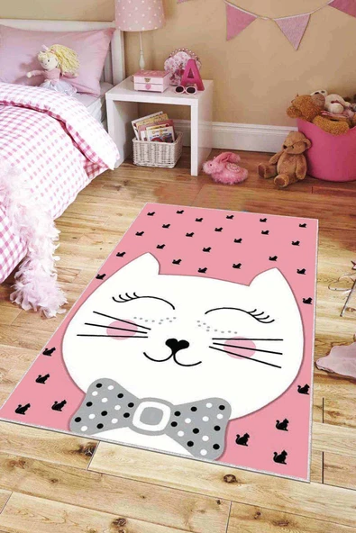 Pembe Kaymaz Tabanlı Yıkanabilir Kedili Bebek Halısı KD07 ürün görseli 1