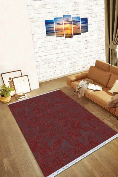 Bordo Yöresel Dokuma Pamuk Tabanlı Kaymaz Kilim KLM358 ürün görseli 1