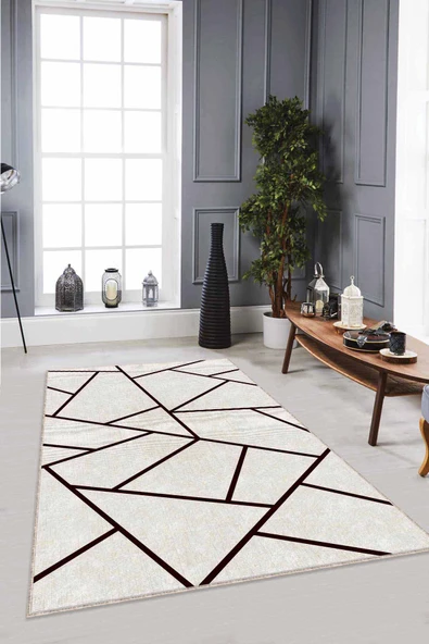Bej Geometrik Kaymaz Tabanlı Makinede Yıkanabilir Halı RV164 ürün görseli 1