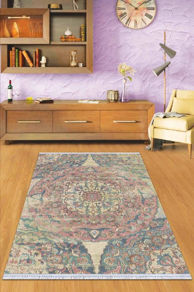 Pembe Vintage Dokuma Pamuk Tabanlı Kaymaz Kilim KLM334 ürün görseli 1