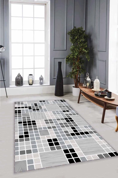 Gri Geometrik Kaymaz Tabanlı Makinede Yıkanabilir Halı PUZ01 ürün görseli 1