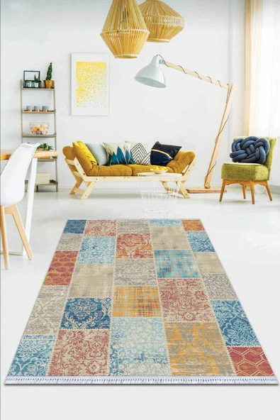 Çok Renkli Patchwork Dokuma Pamuk Taban Kaymaz Kilim KLM055 ürün görseli 1