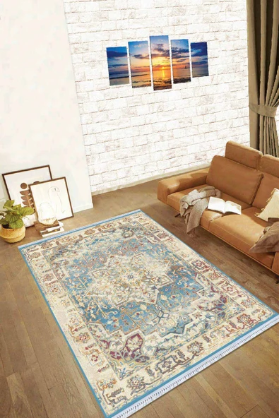 Mavi Klasik Göbekli Dokuma Pamuk Taban Kaymaz Kilim KLM097 ürün görseli 1