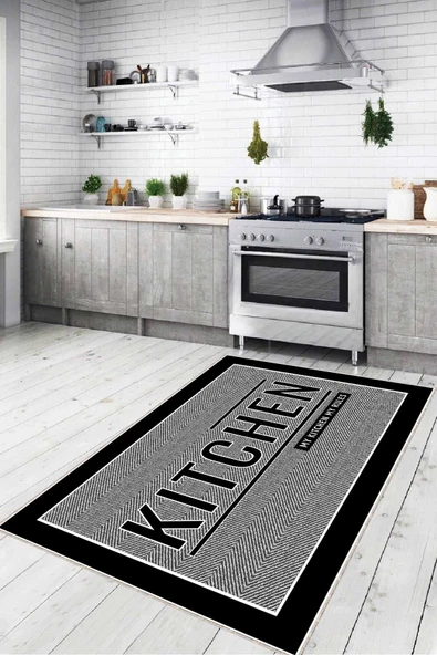 Gri Kaymaz Tabanlı Kitchen Yazan Mutfak Halısı Yolluk VH097 ürün görseli 1