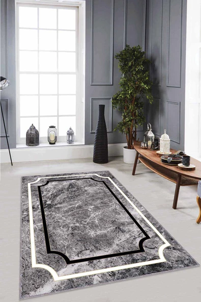 Gri Çerçeveli Kaymaz Tabanlı Makinede Yıkanabilir Halı RV061 ürün görseli 1