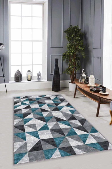 Zümrüt Geometrik Kaymaz Taban Makinede Yıkanabilir Halı PR09 ürün görseli 1