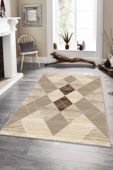 Bej Geometrik Kaymaz Tabanlı Makinede Yıkanabilir Halı DD008 ürün görseli 1
