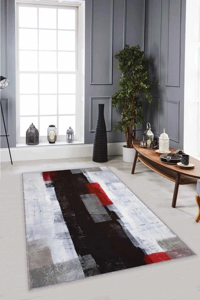 Siyah Kırmızı Kaymaz Tabanlı Modern Salon Halıları MX07 ürün görseli 1