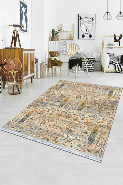 Çok Renkli Vintage Dokuma Pamuk Taban Kaymaz Kilim KLM129 ürün görseli 1