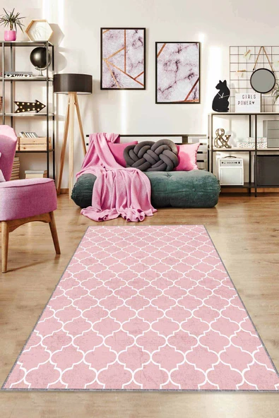 Pembe Fas Desen Kaymaz Taban Makinede Yıkanabilir Halı RV154 ürün görseli 1
