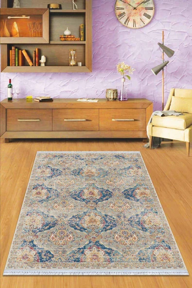 Mavi Vintage Dokuma Pamuk Tabanlı Kaymaz Kilim KLM218 ürün görseli 1