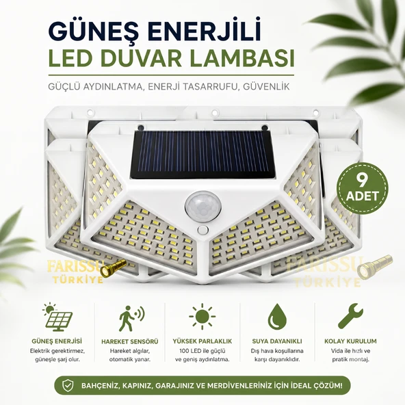 100 LED Solar Hareket Sensörlü Dış Mekan Bahçe Lambası (9 Adet) ürün görseli 1