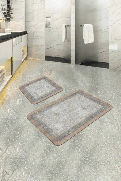Bej Modern Klasik Banyo Halısı Klozet 2'li Paspas Seti BS285 ürün görseli 1