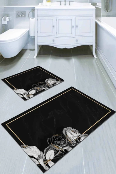 Siyah Çiçekli Banyo Halısı Klozet Takımı Paspas Seti BS014 ürün görseli 1