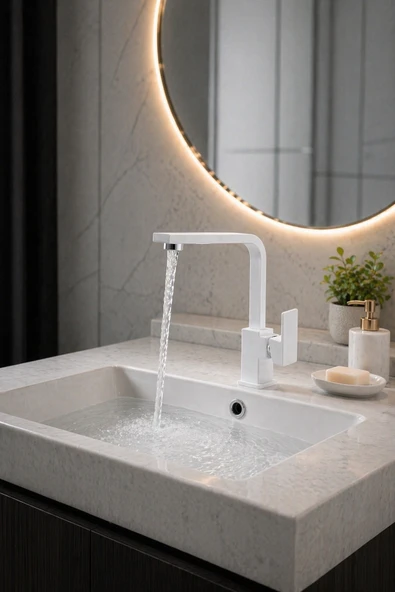 MİXSA Lüx Premium Beyaz Kare Lavabo Bataryası ürün görseli 1