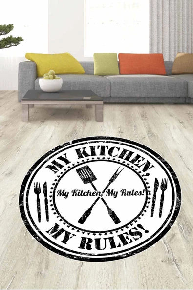 Beyaz Kaymaz My Kitchen My Rules Yuvarlak Mutfak Halısı MT22 ürün görseli 1