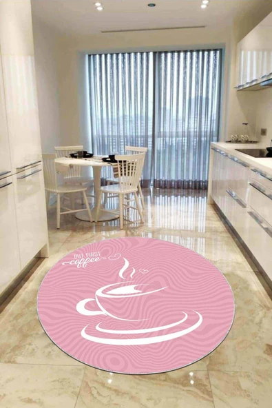 Pembe Kaymaz Tabanlı Fincanlı Yuvarlak Mutfak Halısı AR861 ürün görseli 1