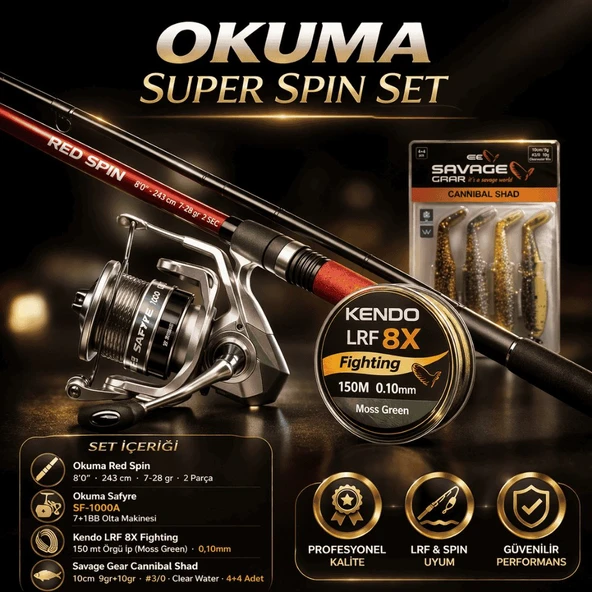 Okuma Super Spin Set  Red Spin 240cm 7-28gr + Safyre SF-1000A Makine + Kendo 8X İp + Savage Gear Cannibal Shad ürün görseli 1
